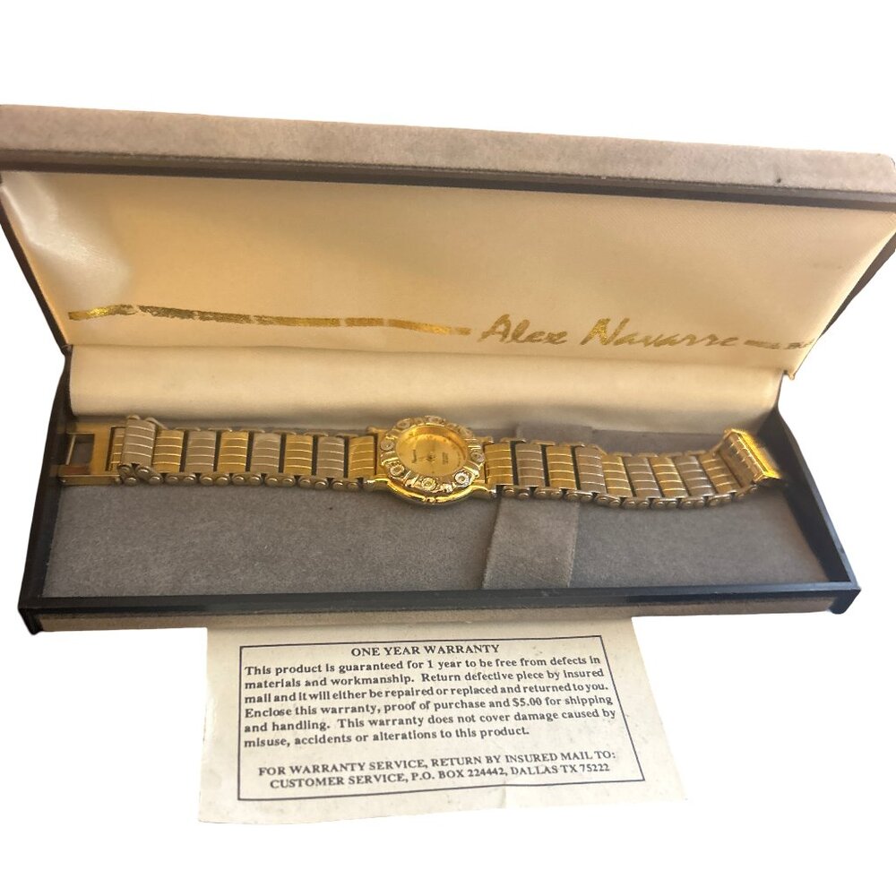 Vintage Alex Navarre Women’s Gold Tone Dress Watch Boxed Diamond Accent Quartz